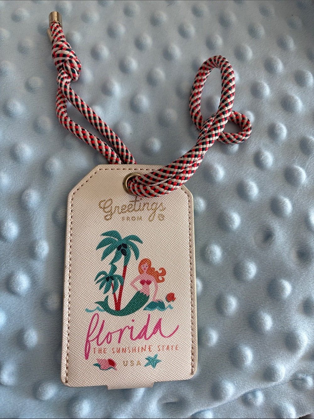 Spartina 449 Cream Luggage Tag with Teal Palm and Pink Script